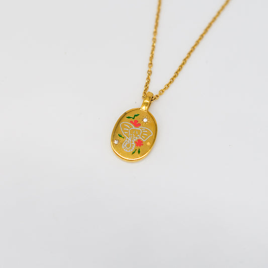 Collier pendentif ovale éléphant et fleurs