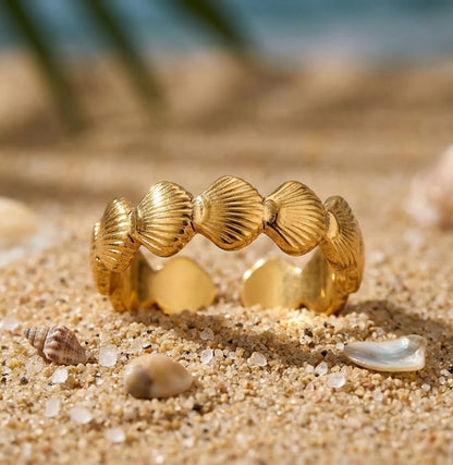 Bague Anneau Coquillages Saint-Jacques Dorée - Ajustable