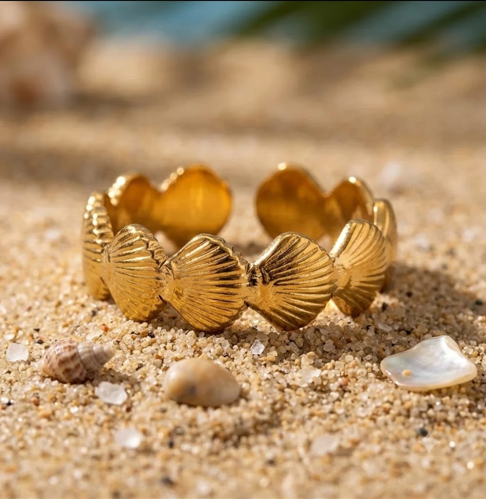 Bague Anneau Coquillages Saint-Jacques Dorée - Ajustable